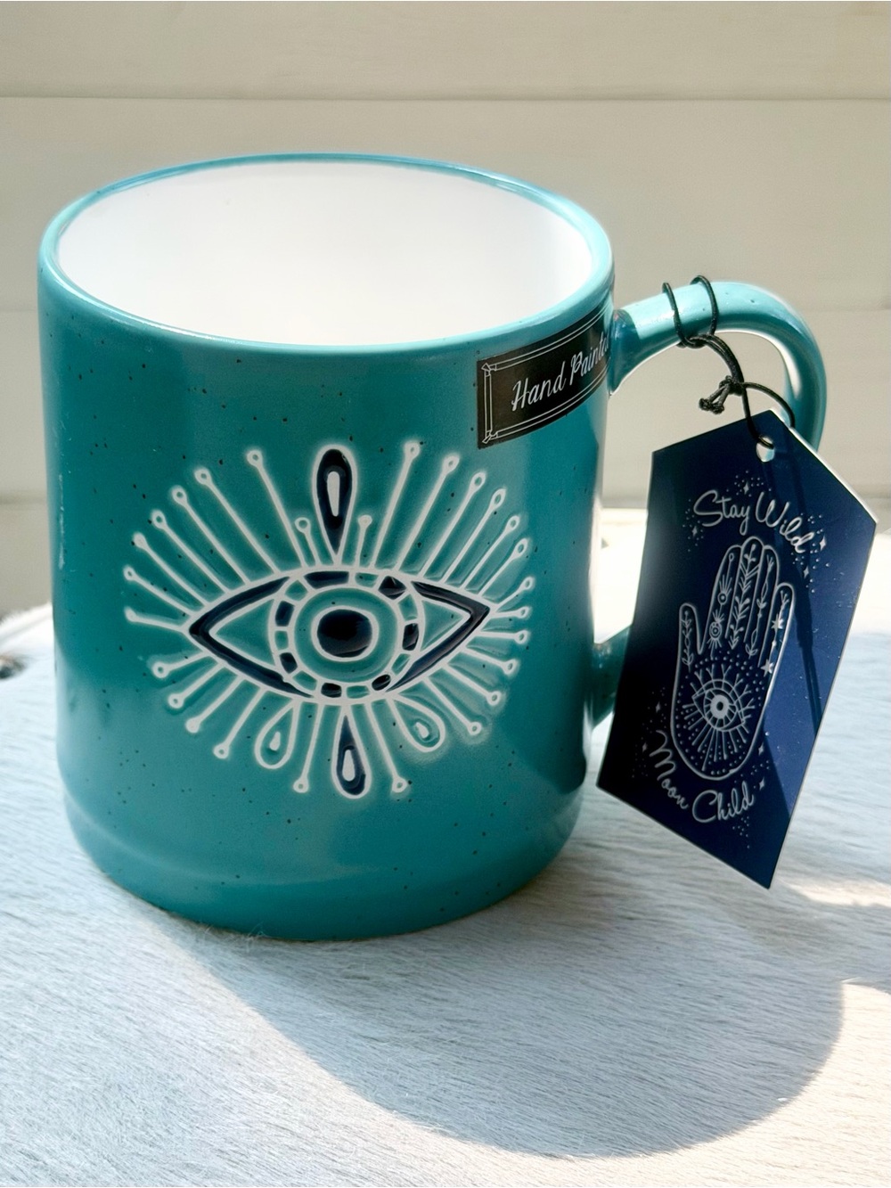 Stay Wild Moon Child Evil Eye Coffee Mug Turquoise Ceramic Hand Painted Gift NWT
